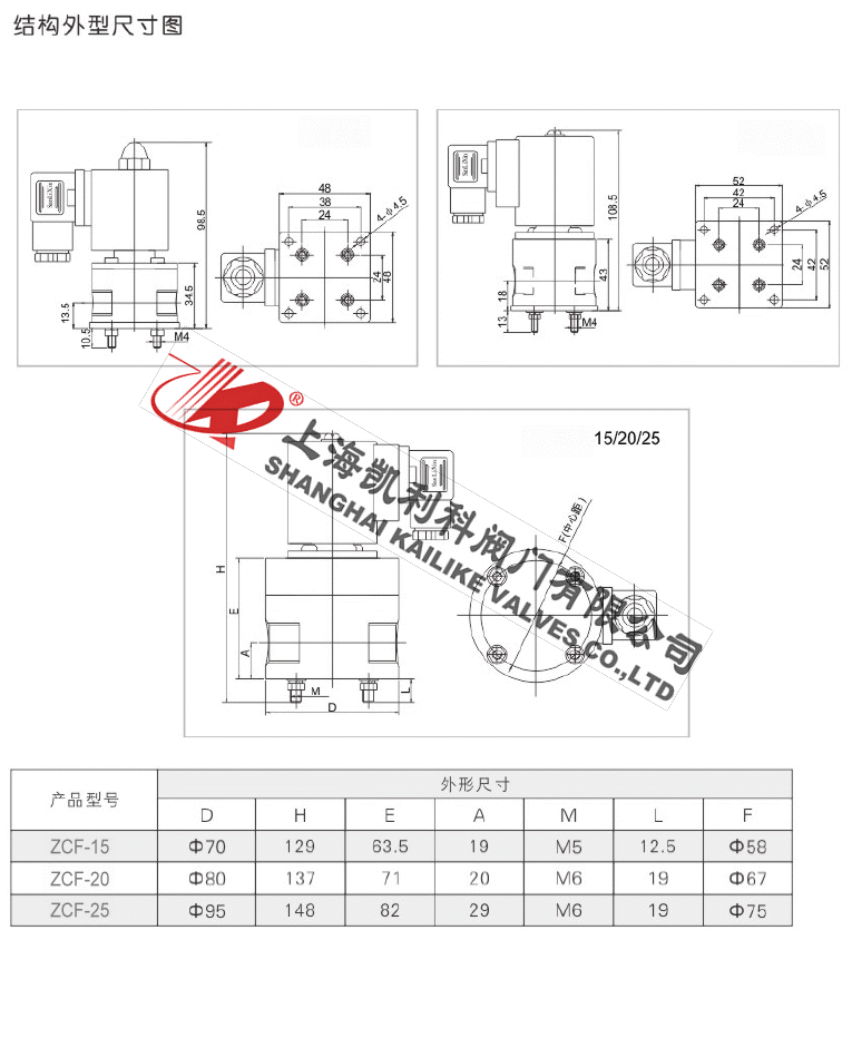 ZCF塑料防腐電磁閥結構尺寸圖